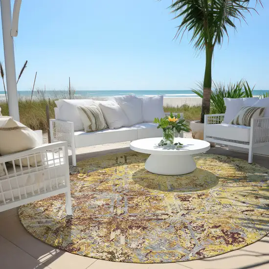 8' Wheat Gold And Gray Round Geometric Washable Indoor Outdoor Area Rug Photo 7