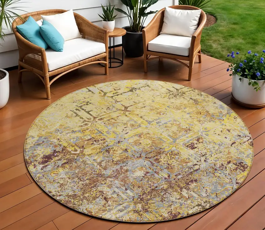 8' Wheat Gold And Gray Round Geometric Washable Indoor Outdoor Area Rug Photo 1
