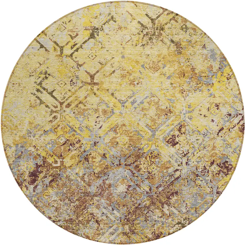 8' Wheat Gold And Gray Round Geometric Washable Indoor Outdoor Area Rug Photo 1