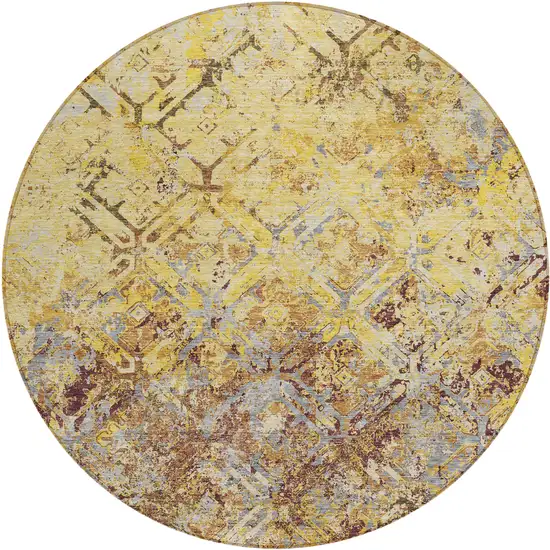 8' Wheat Gold And Gray Round Geometric Washable Indoor Outdoor Area Rug Photo 1