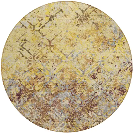 8' Wheat Gold And Gray Round Geometric Washable Indoor Outdoor Area Rug Photo 1