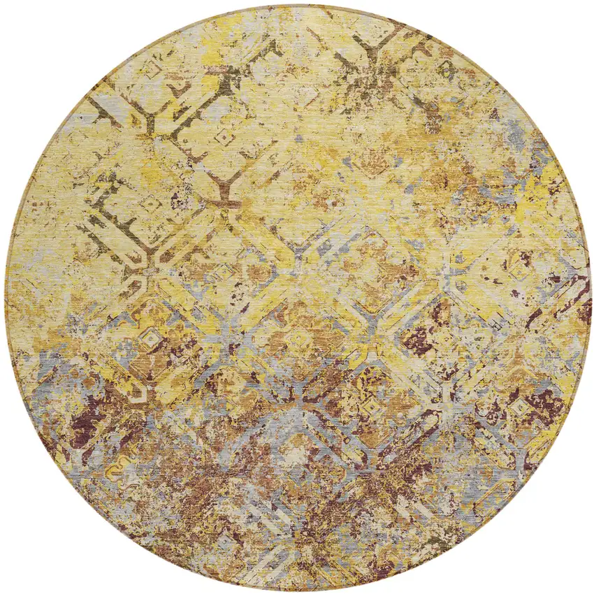 8' Wheat Gold And Gray Round Geometric Washable Indoor Outdoor Area Rug Photo 1