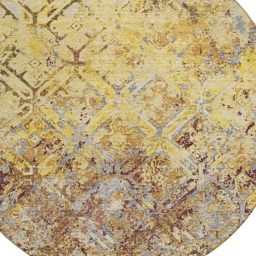 8' Wheat Gold And Gray Round Geometric Washable Indoor Outdoor Area Rug Photo 5