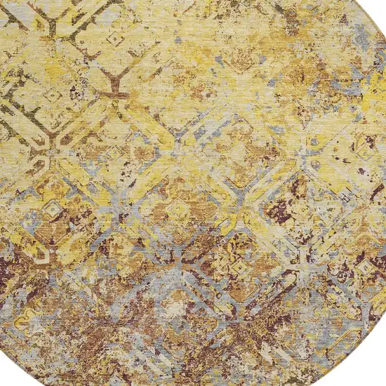 8' Wheat Gold And Gray Round Geometric Washable Indoor Outdoor Area Rug Photo 5