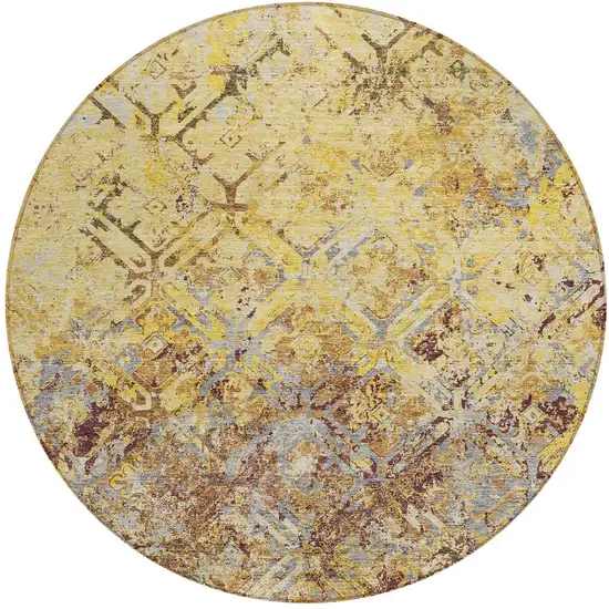 8' Wheat Gold And Gray Round Geometric Washable Indoor Outdoor Area Rug Photo 6