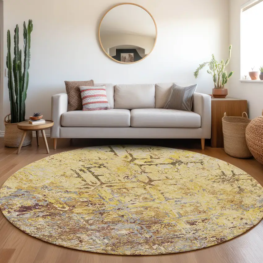 8' Wheat Gold And Gray Round Geometric Washable Indoor Outdoor Area Rug Photo 8