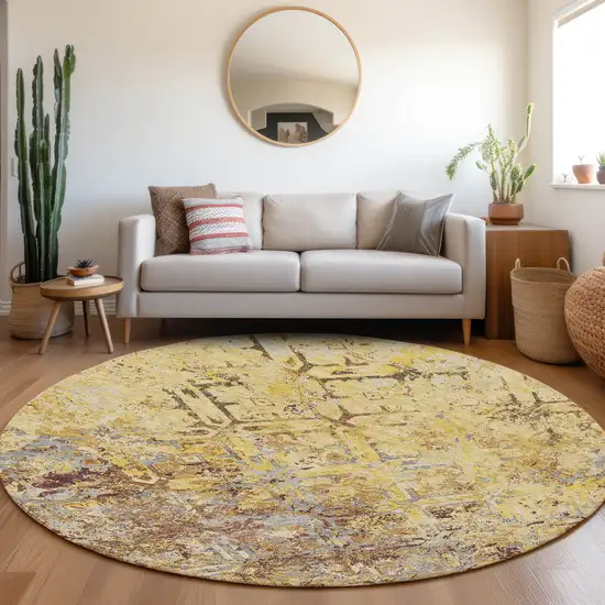 8' Wheat Gold And Gray Round Geometric Washable Indoor Outdoor Area Rug Photo 8