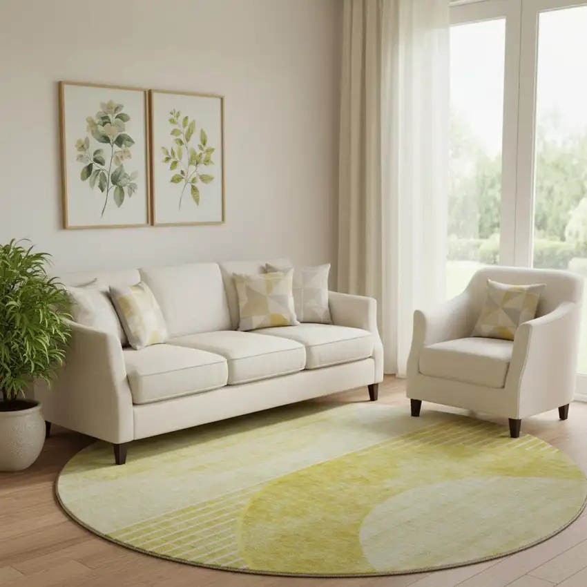 8' Wheat Gold And Ivory Geometric Washable Round Rug With UV Protection Photo 1