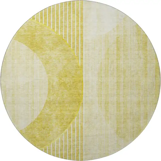 8' Wheat Gold And Ivory Geometric Washable Round Rug With UV Protection Photo 2