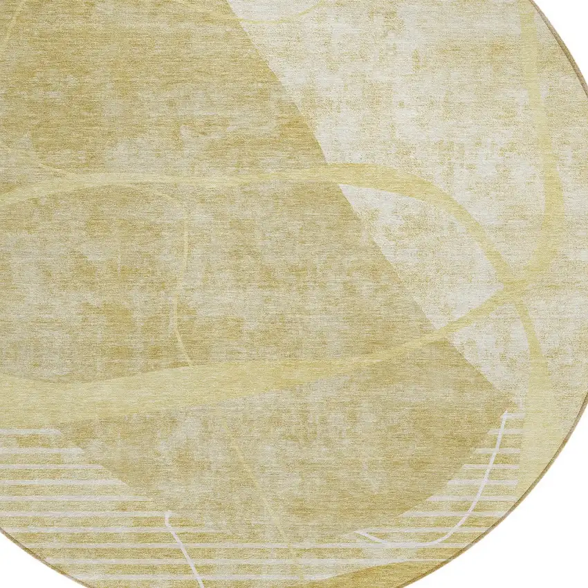 8' Wheat Gold And Ivory Round Abstract Washable Indoor Outdoor Area Rug Photo 4