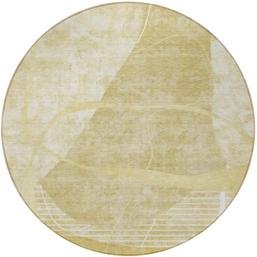 8' Wheat Gold And Ivory Round Abstract Washable Indoor Outdoor Area Rug Photo 5