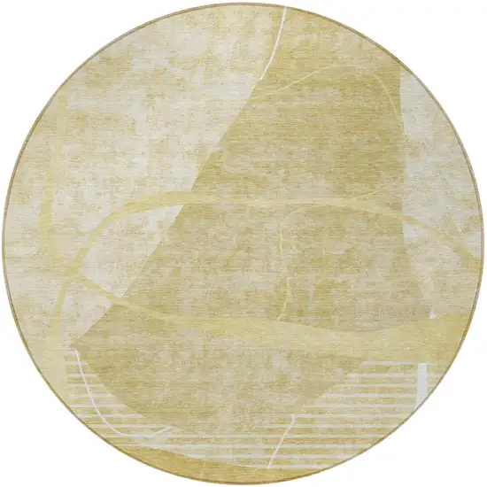 8' Wheat Gold And Ivory Round Abstract Washable Indoor Outdoor Area Rug Photo 5