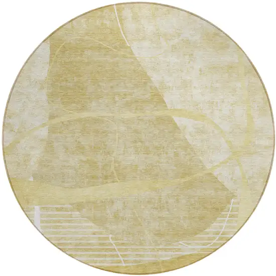 8' Wheat Gold And Ivory Round Abstract Washable Indoor Outdoor Area Rug Photo 2