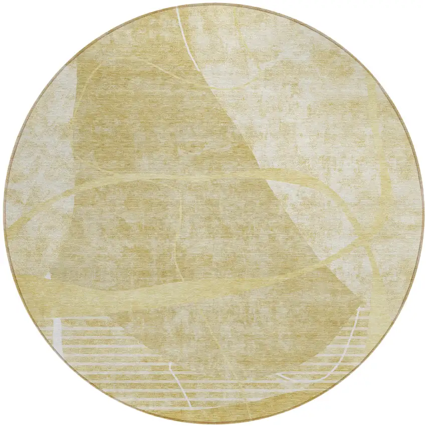 8' Wheat Gold And Ivory Round Abstract Washable Indoor Outdoor Area Rug Photo 2