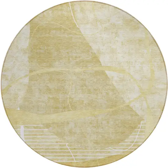 8' Wheat Gold And Ivory Round Abstract Washable Indoor Outdoor Area Rug Photo 2