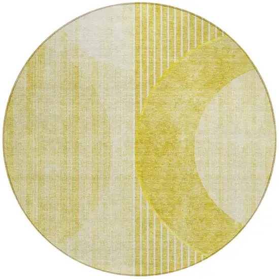 8' Wheat Gold And Ivory Round Geometric Washable Indoor Outdoor Area Rug Photo 6