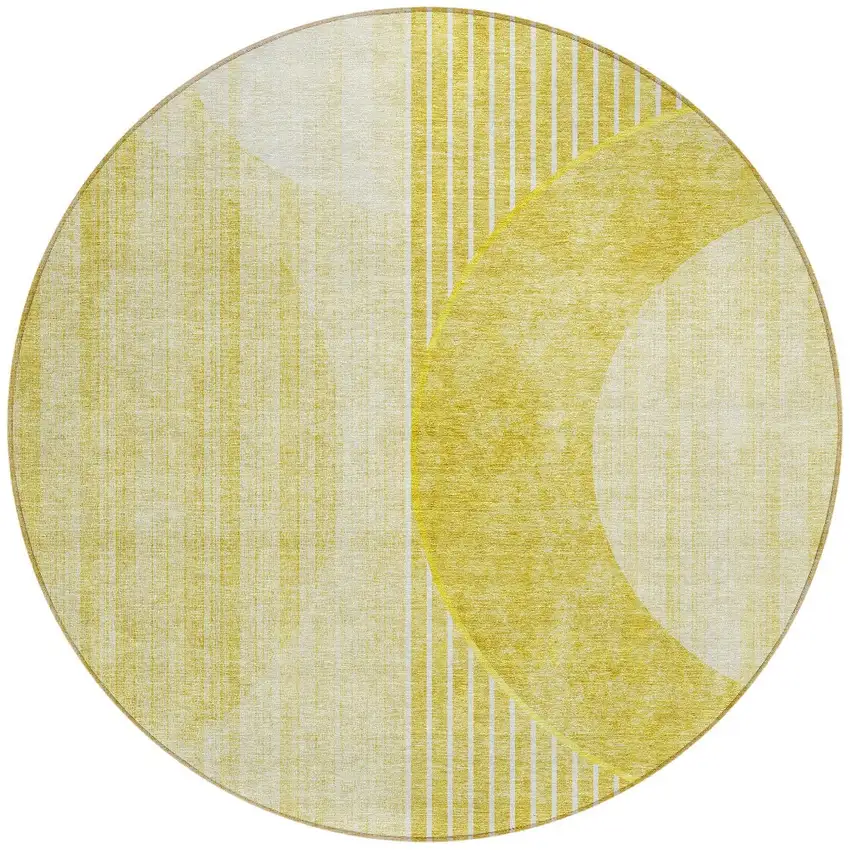8' Wheat Gold And Ivory Round Geometric Washable Indoor Outdoor Area Rug Photo 6