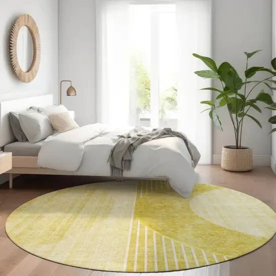 8' Wheat Gold And Ivory Round Geometric Washable Indoor Outdoor Area Rug Photo 8