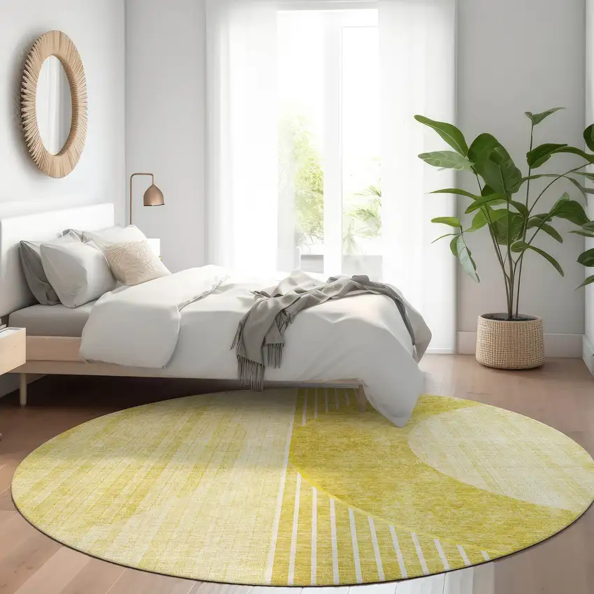 8' Wheat Gold And Ivory Round Geometric Washable Indoor Outdoor Area Rug Photo 8