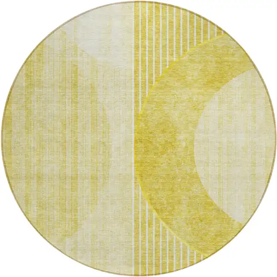 8' Wheat Gold And Ivory Round Geometric Washable Indoor Outdoor Area Rug Photo 2
