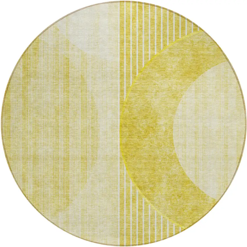 8' Wheat Gold And Ivory Round Geometric Washable Indoor Outdoor Area Rug Photo 2