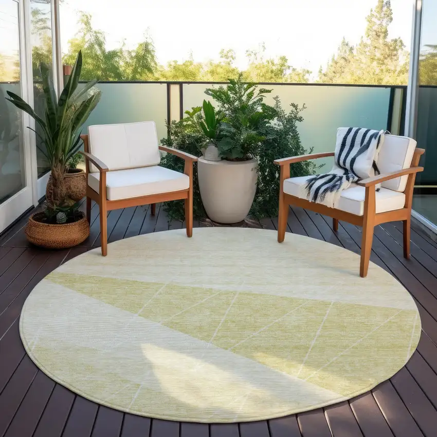 8' Wheat Gold And Ivory Round Geometric Washable Indoor Outdoor Area Rug Photo 6