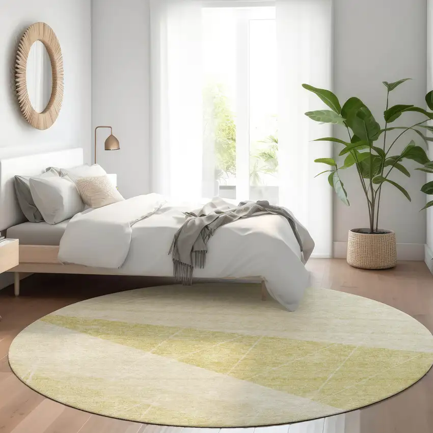 8' Wheat Gold And Ivory Round Geometric Washable Indoor Outdoor Area Rug Photo 7