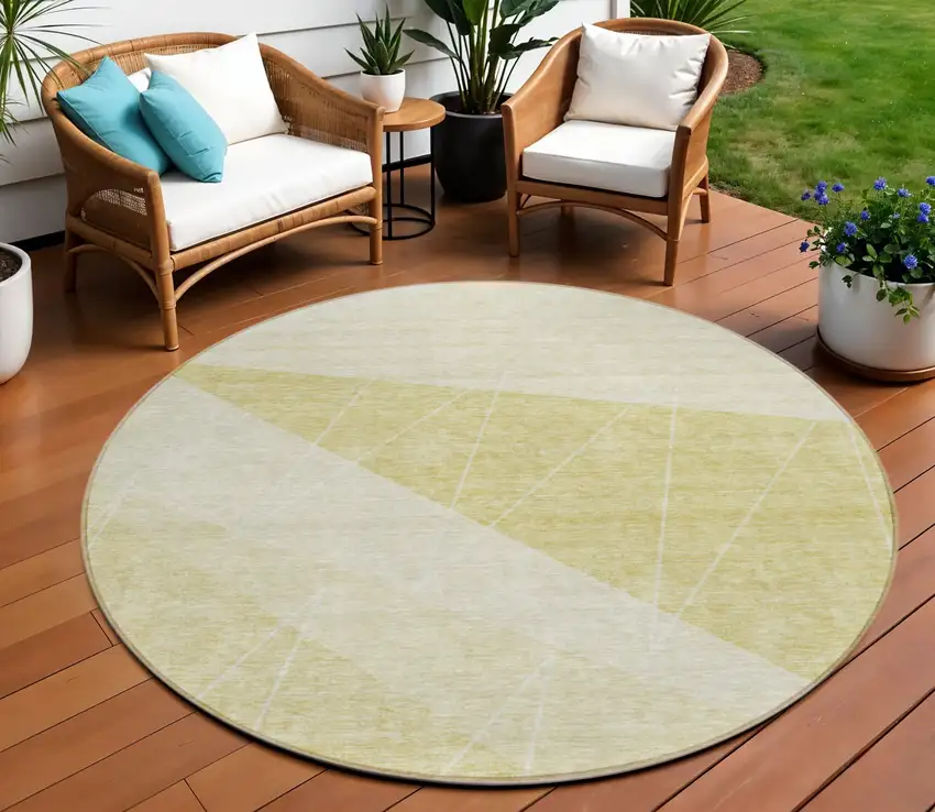 8' Wheat Gold And Ivory Round Geometric Washable Indoor Outdoor Area Rug Photo 1