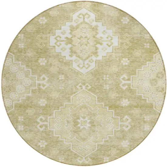8' Wheat Gold And Ivory Round Medallion Washable Indoor Outdoor Area Rug Photo 2