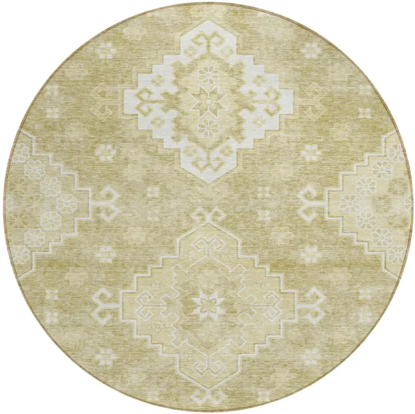 8' Wheat Gold And Ivory Round Medallion Washable Indoor Outdoor Area Rug Photo 2