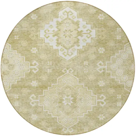 8' Wheat Gold And Ivory Round Medallion Washable Indoor Outdoor Area Rug Photo 5