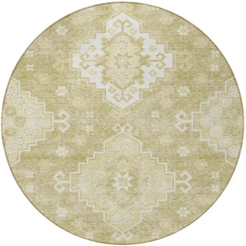 8' Wheat Gold And Ivory Round Medallion Washable Indoor Outdoor Area Rug Photo 5