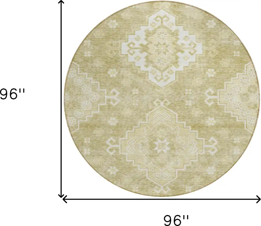 8' Wheat Gold And Ivory Round Medallion Washable Indoor Outdoor Area Rug Photo 3