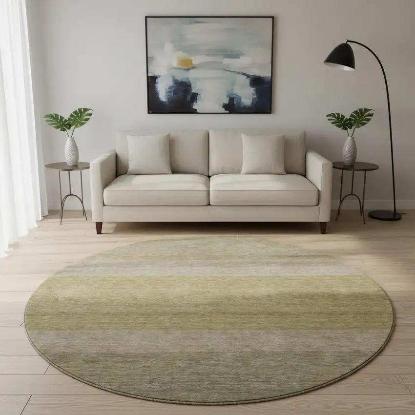 8' Wheat Gold And Linen Striped Washable Round Rug With UV Protection Photo 2