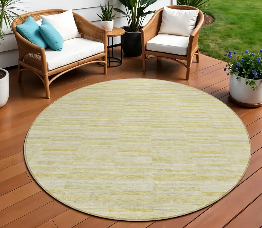 8' Wheat Gold And Tan Round Striped Washable Indoor Outdoor Area Rug Photo 1