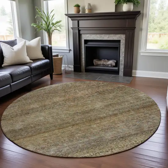8' Wheat Gray And Beige Striped Washable Round Rug With UV Protection Photo 4