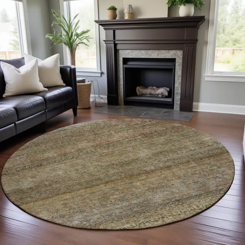 8' Wheat Gray And Beige Striped Washable Round Rug With UV Protection Photo 4