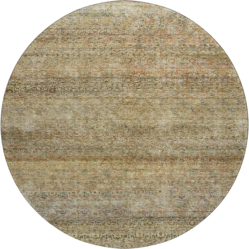 8' Wheat Gray And Beige Striped Washable Round Rug With UV Protection Photo 1