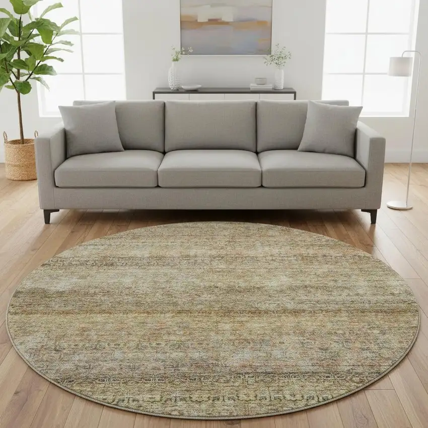 8' Wheat Gray And Beige Striped Washable Round Rug With UV Protection Photo 2