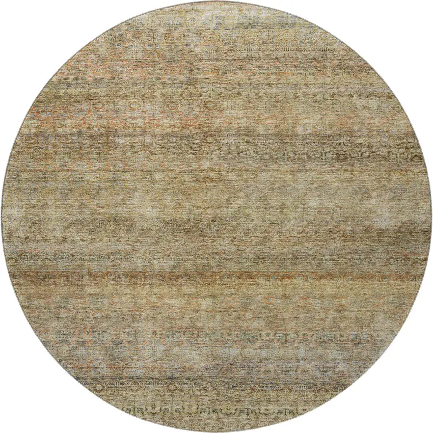 8' Wheat Gray And Beige Striped Washable Round Rug With UV Protection Photo 3