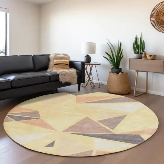 8' Wheat Gray And Copper Geometric Washable Round Rug With UV Protection Photo 4