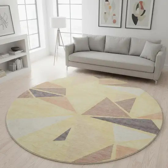8' Wheat Gray And Copper Geometric Washable Round Rug With UV Protection Photo 2