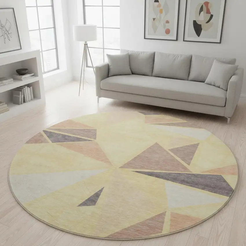 8' Wheat Gray And Copper Geometric Washable Round Rug With UV Protection Photo 2