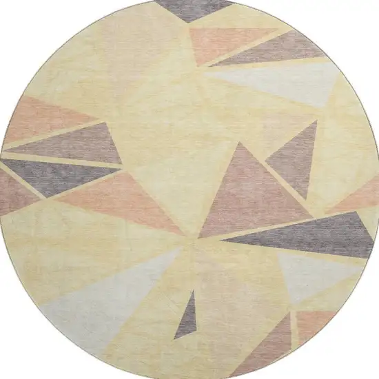 8' Wheat Gray And Copper Geometric Washable Round Rug With UV Protection Photo 3