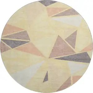 Photo of 8' Wheat Gray And Copper Geometric Washable Round Rug With UV Protection