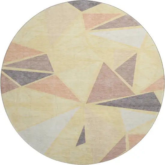 8' Wheat Gray And Copper Geometric Washable Round Rug With UV Protection Photo 1