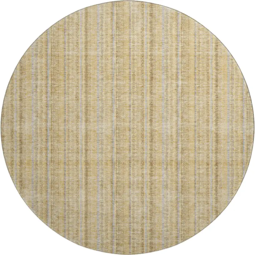 8' Wheat Gray And Gold Striped Washable Round Rug With UV Protection Photo 1