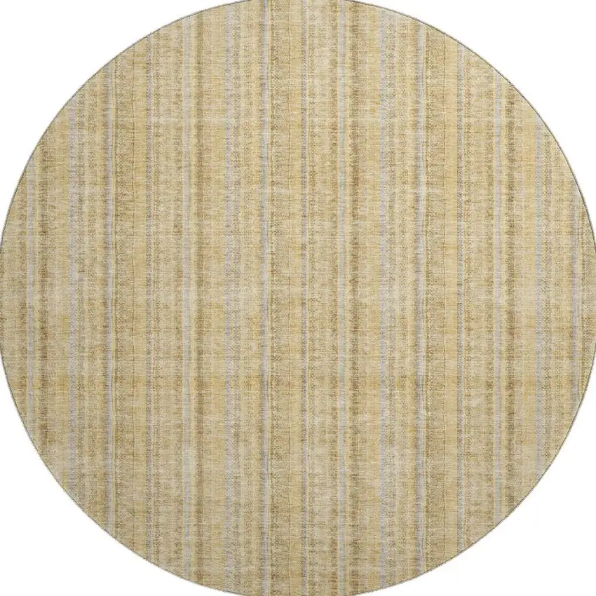 8' Wheat Gray And Gold Striped Washable Round Rug With UV Protection Photo 3