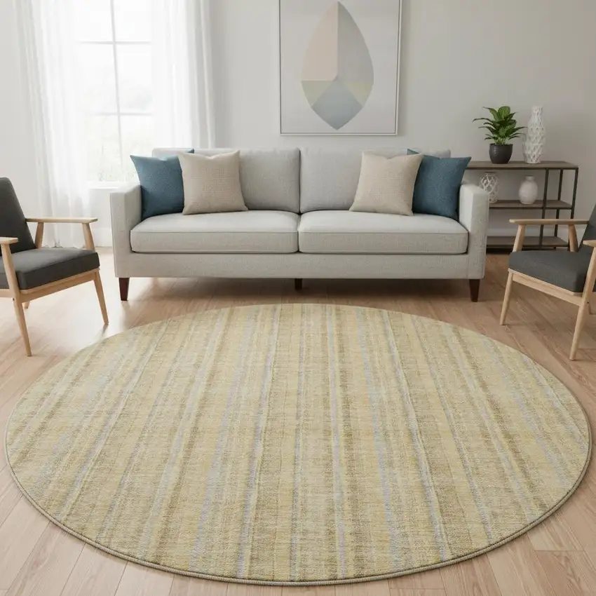8' Wheat Gray And Gold Striped Washable Round Rug With UV Protection Photo 2