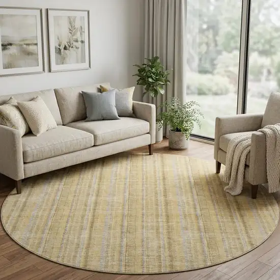 8' Wheat Gray And Gold Striped Washable Round Rug With UV Protection Photo 1